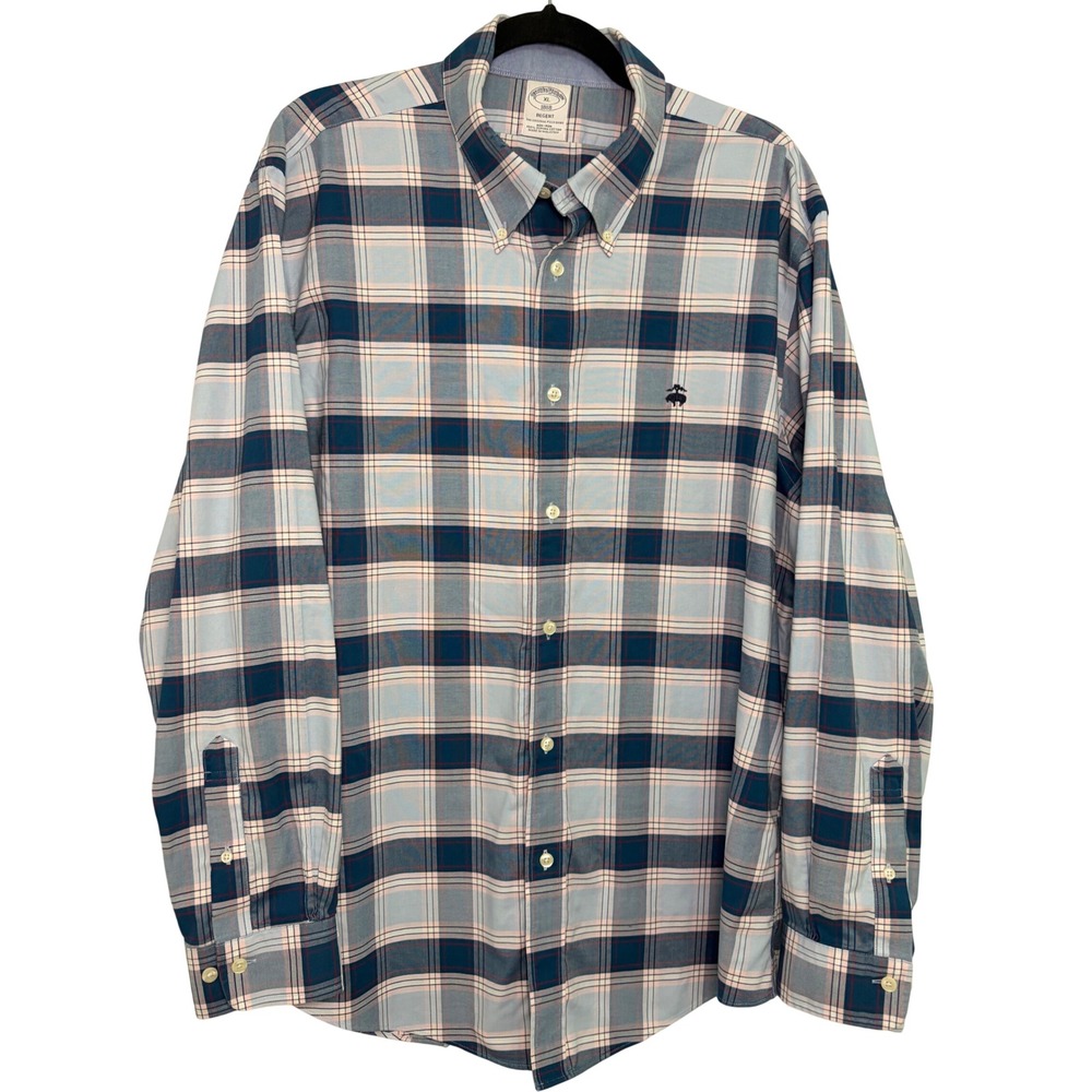 Brooks Brothers Regent Fit Non-Iron Supima Cotton Plaid Shirt Mens XL Blue Pink